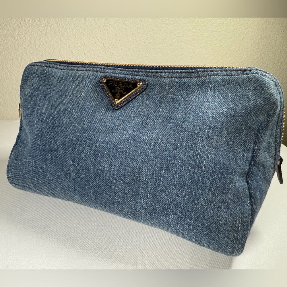 Prada Blue Denim Cosmetic Pouch with Gold Hardware - Picture 2 of 16
